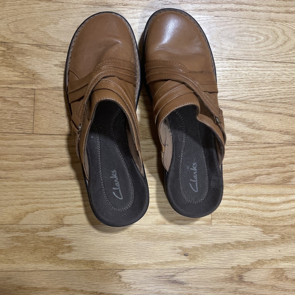 Clarks Womens Leather Slip On Clogs Sz 8M Patty Chile Tan 35559 Contour Heel